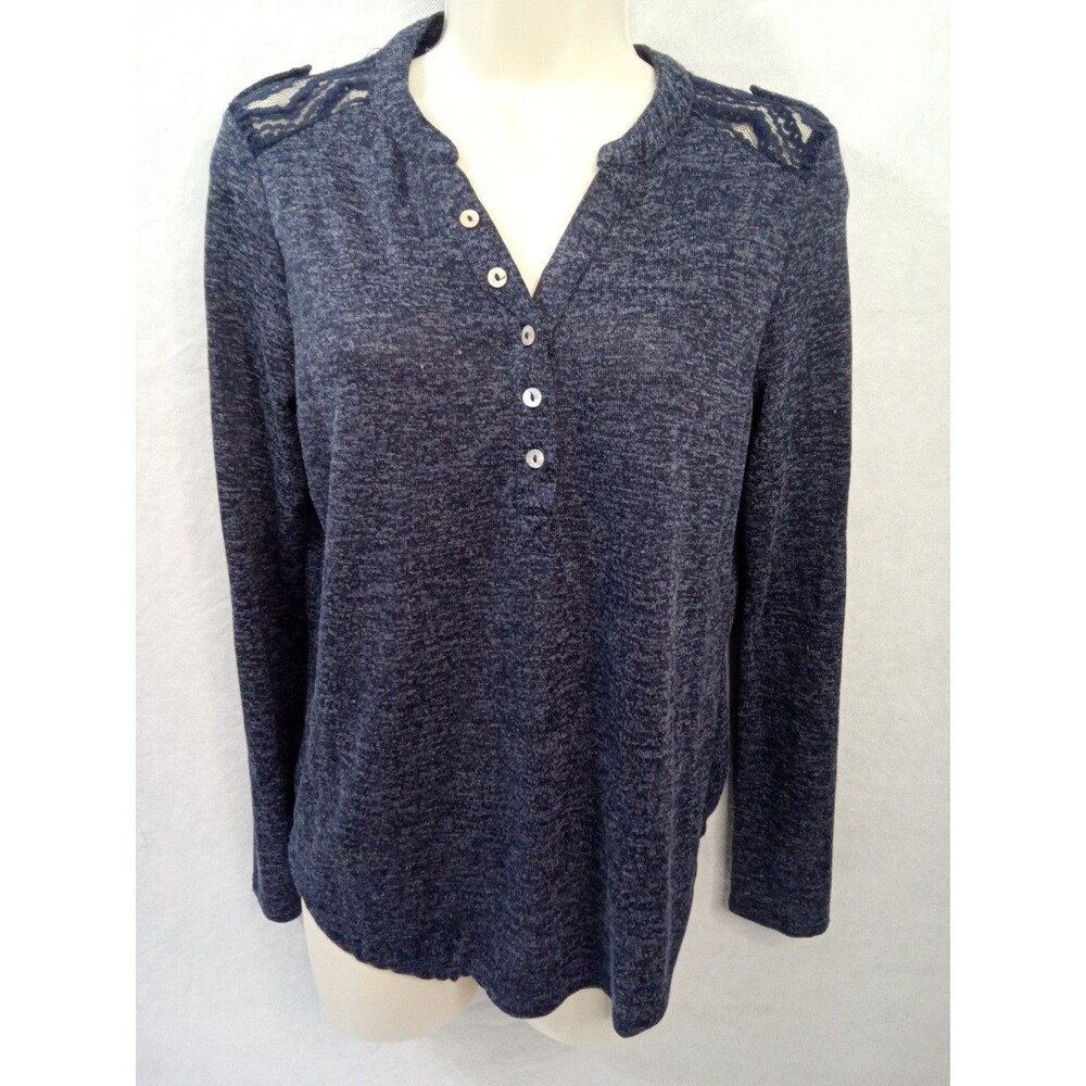 No Boundaires Womens Medium (7-9) Blouse Blue Lace Button long sleeve v neck